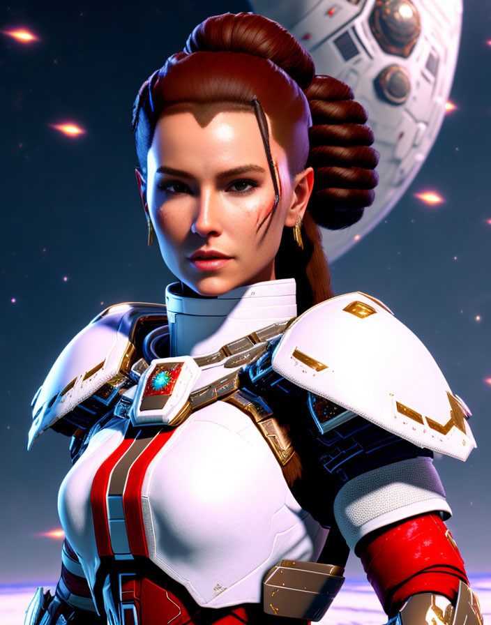 Futuristic female warrior in white and red armor with unique hairstyle and spherical robot under starry sky