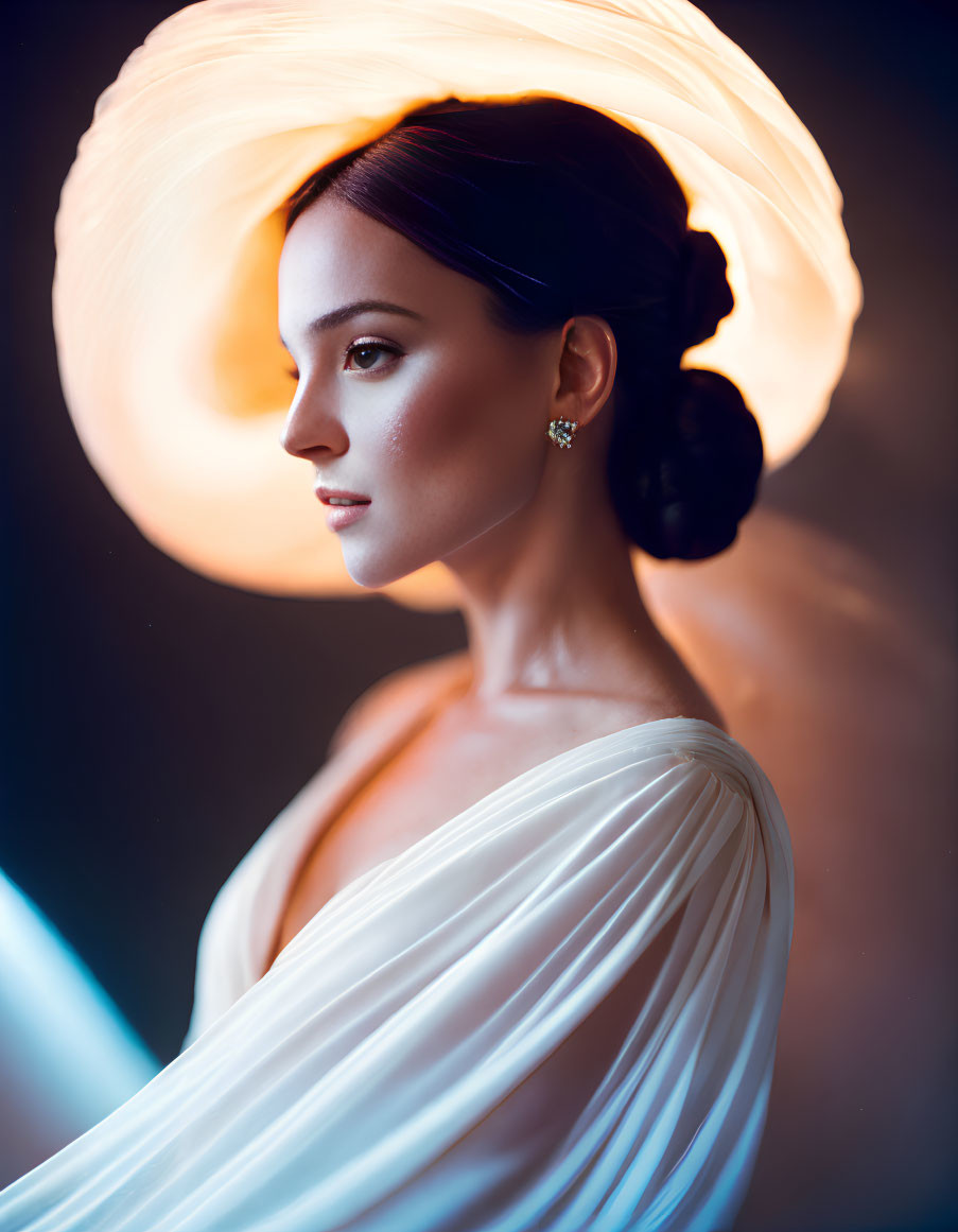 Dark-haired woman in bun, draped in white, backlit by halo light.