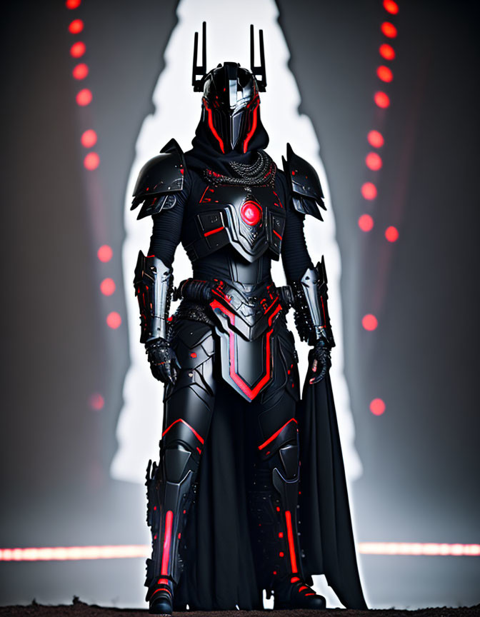 Futuristic knight in black and red armor with glowing lights against illuminated backdrop