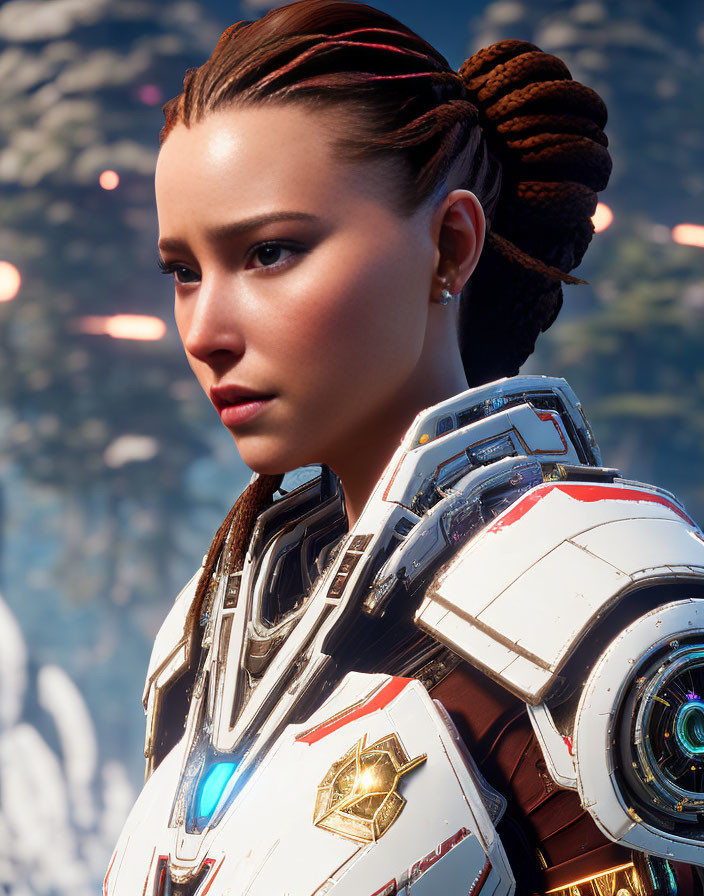 Female character with braided hair in futuristic white armor with gold accents and blue glowing elements against natural backdrop