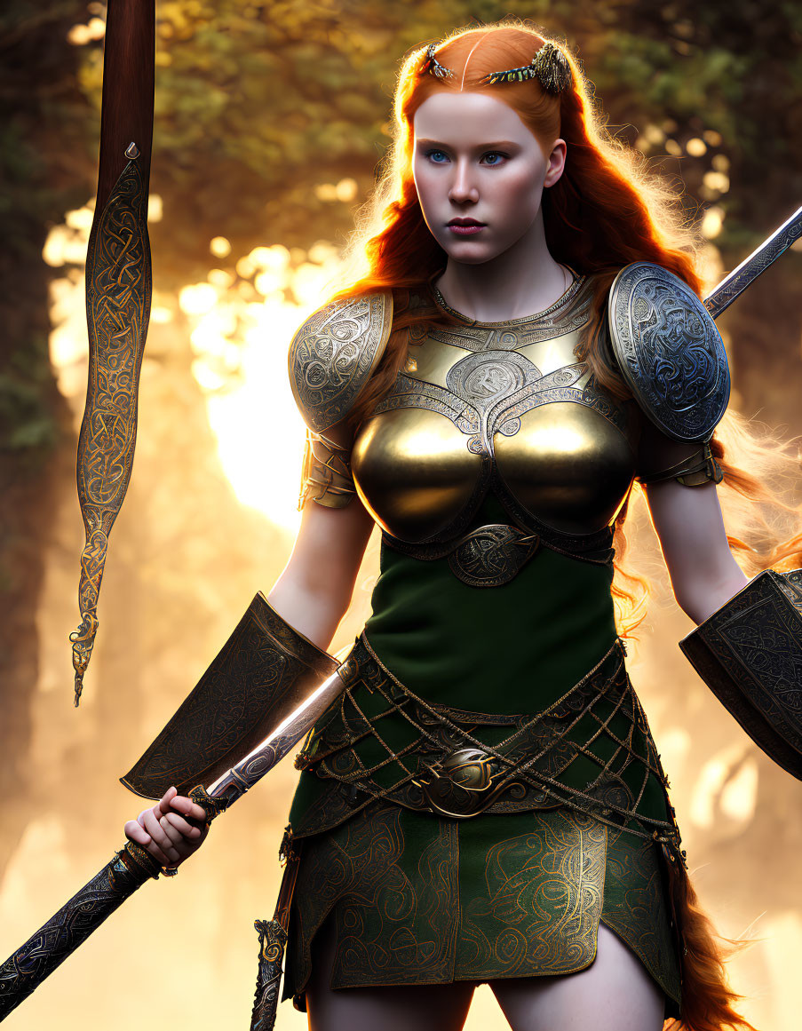 Red-haired warrior in golden armor wields spear in enchanted forest