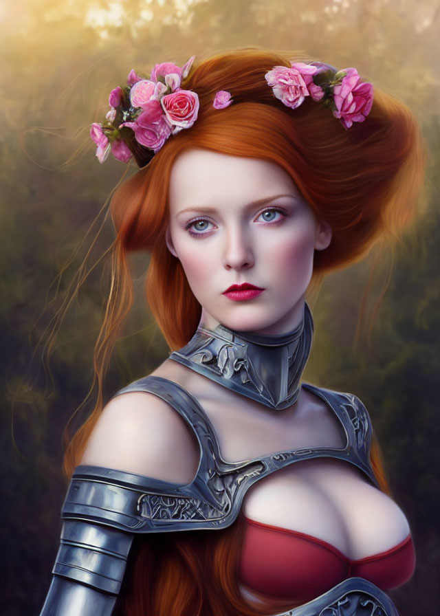 Digital artwork of woman with red hair in silver armor and floral crown against forest backdrop
