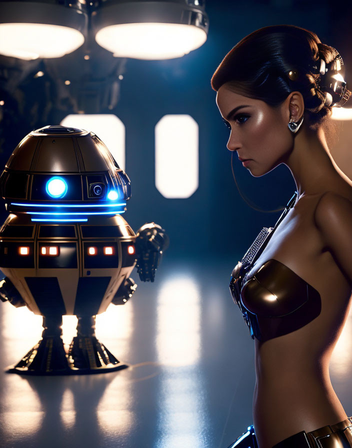 Futuristic woman with droid in sci-fi setting
