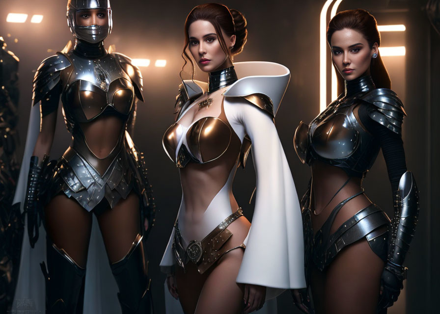 Three women in futuristic armor in moody sci-fi setting