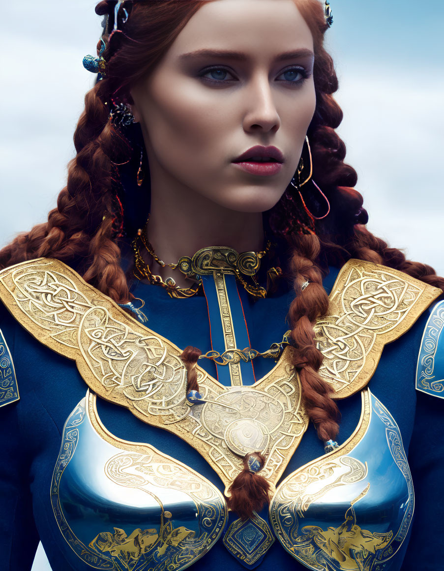 Red-haired woman in golden armor with blue chest plate and blue eyes.