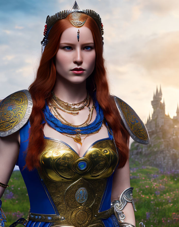Red-haired woman in golden crown and armor at sunset castle