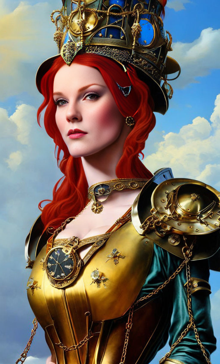 Vibrant red-haired woman in golden armor with compass design against blue sky