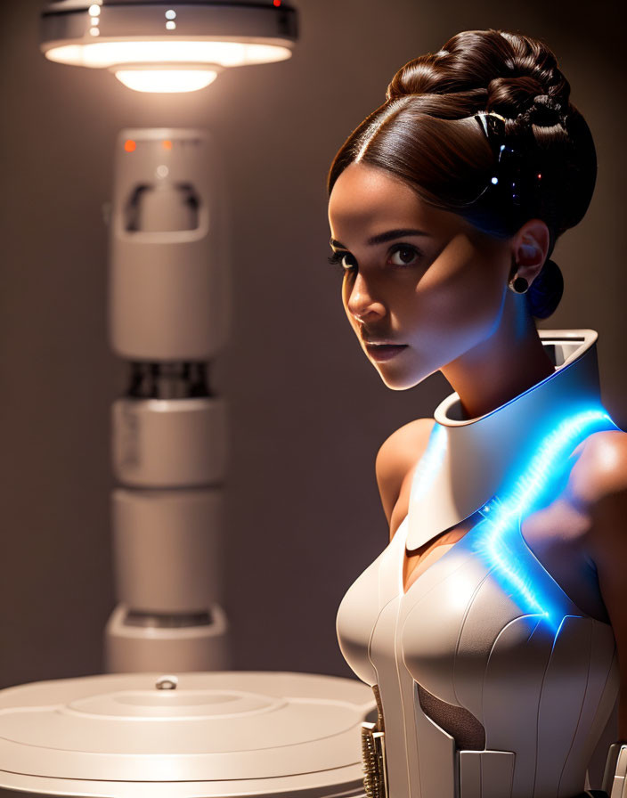 Sophisticated female android with illuminated neckline and futuristic hairstyle