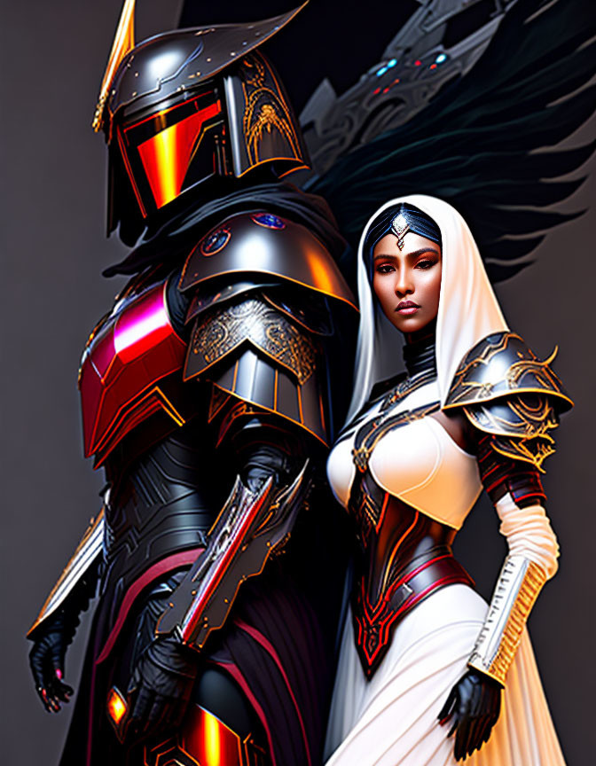 Stylized warriors in futuristic red and white armor on dark background