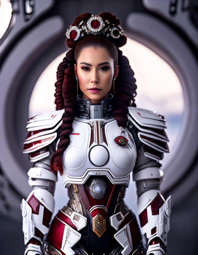 Woman with elaborate updo and crown in futuristic white and red armor against sci-fi backdrop