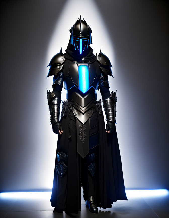 Futuristic knight armor with glowing blue elements on dark background