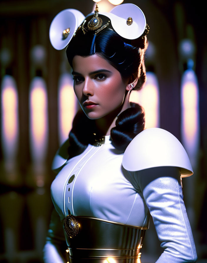 Futuristic white and gold costume with ornate headgear and shoulder pads on woman posing against vertical