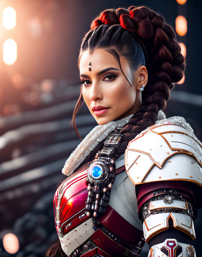 Elaborate braid and futuristic armor on woman in glowing elements.