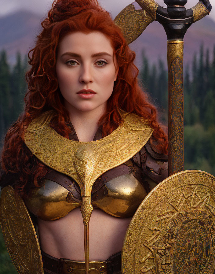 Curly Red-Haired Woman in Golden Armor with Shield in Natural Setting
