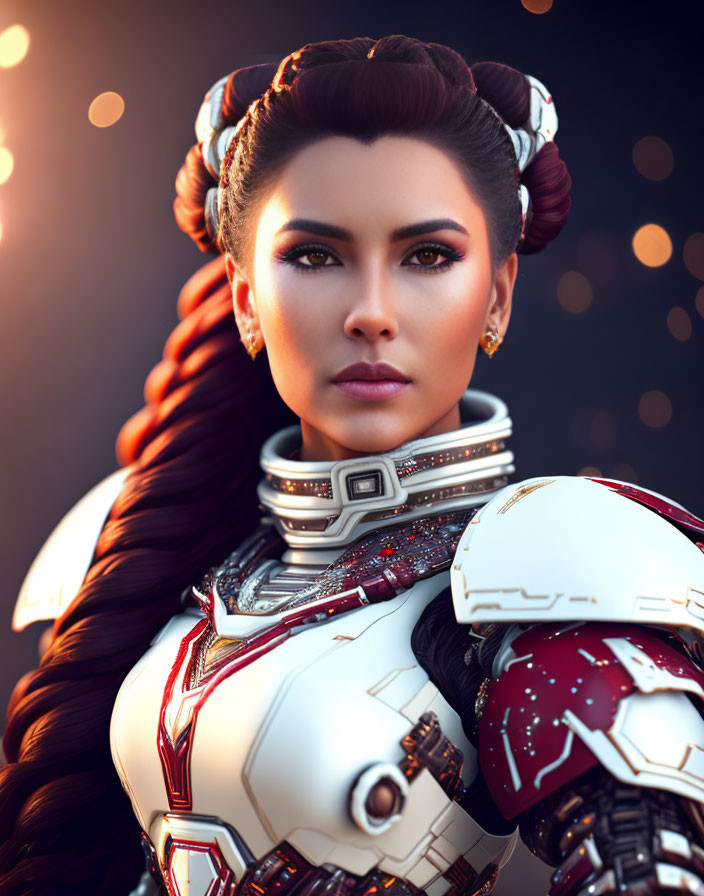 Digital art portrait of woman with unique hair braids in futuristic white and red armor.