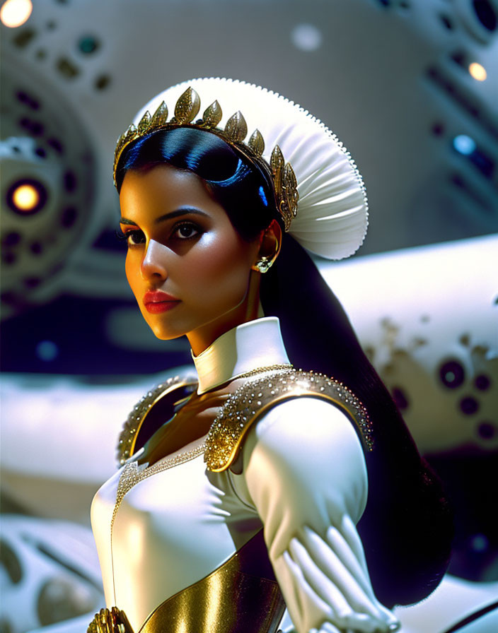 Futuristic woman in white-and-gold attire with ornate headdress poses against spherical backdrop