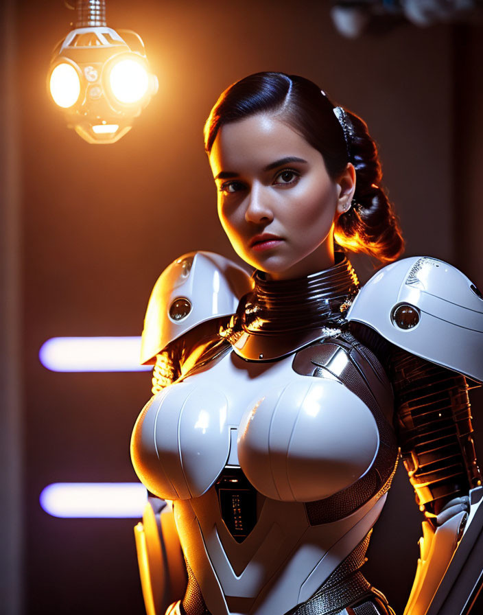Sci-fi woman in stylized robotic armor with glowing futuristic background