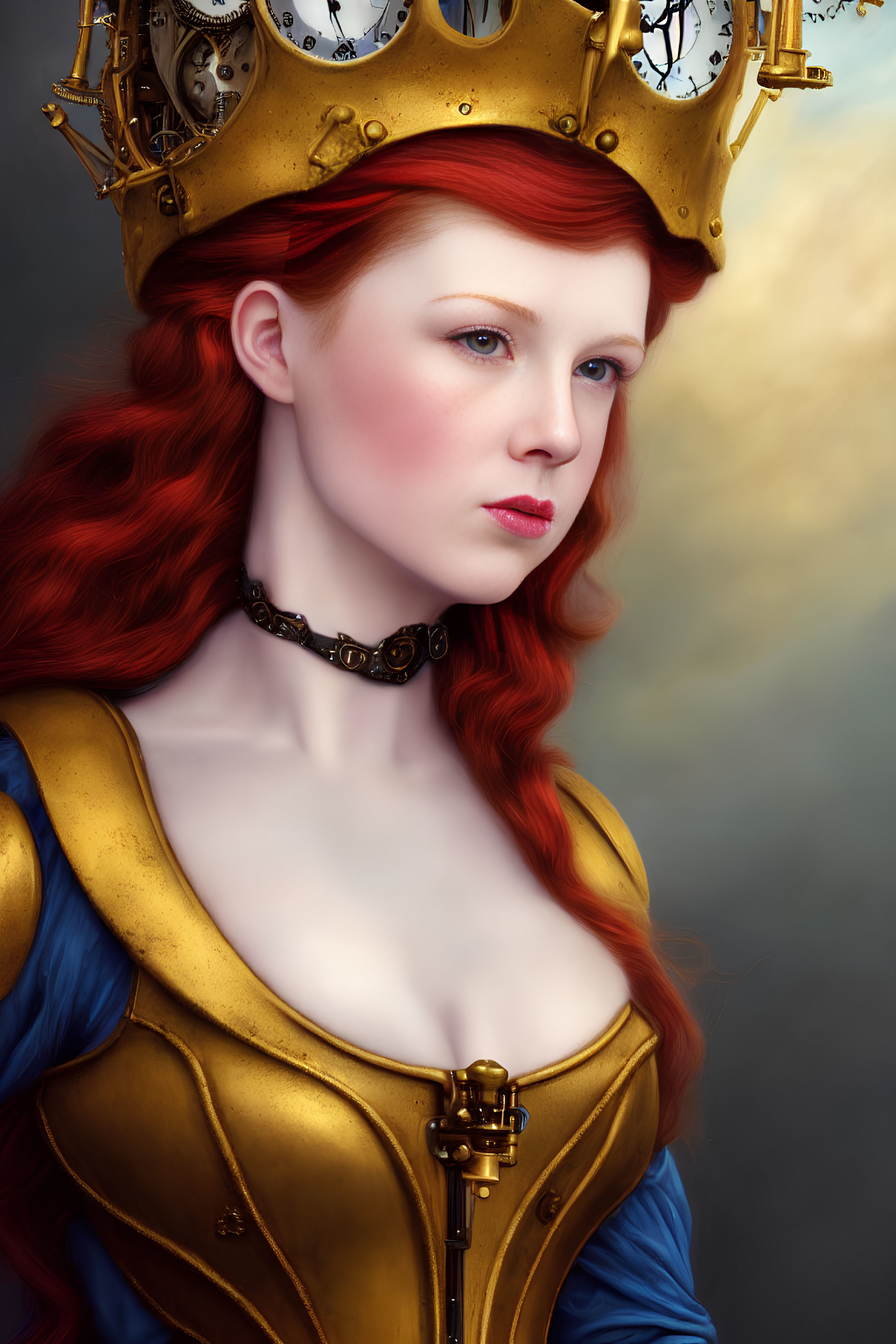 Regal woman with long red hair in golden crown and medieval dress
