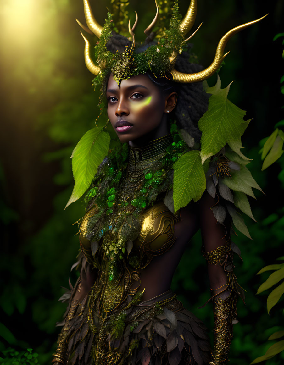 Elaborate forest-themed costume with horns and golden accents