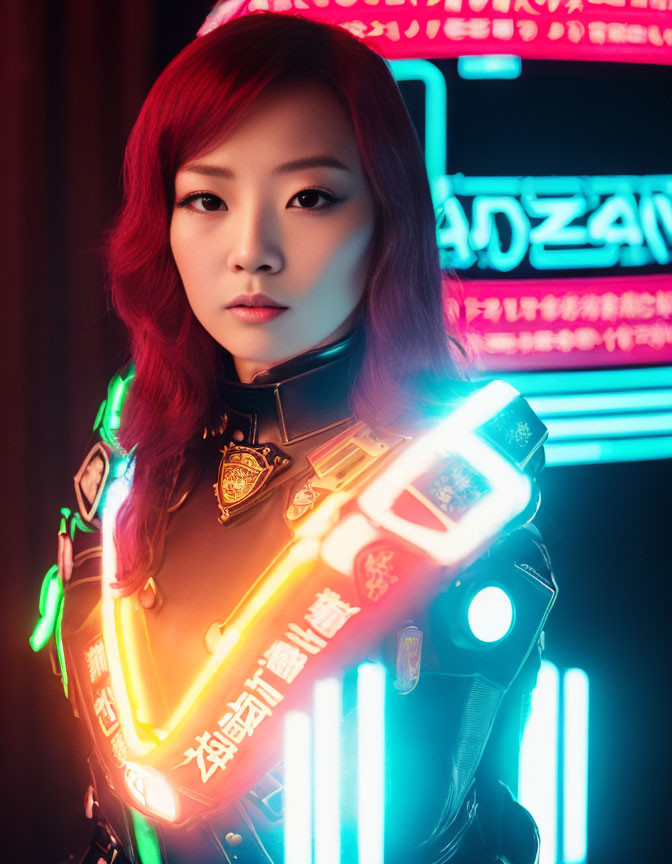 Red-haired woman in futuristic neon armor before Asian character sign