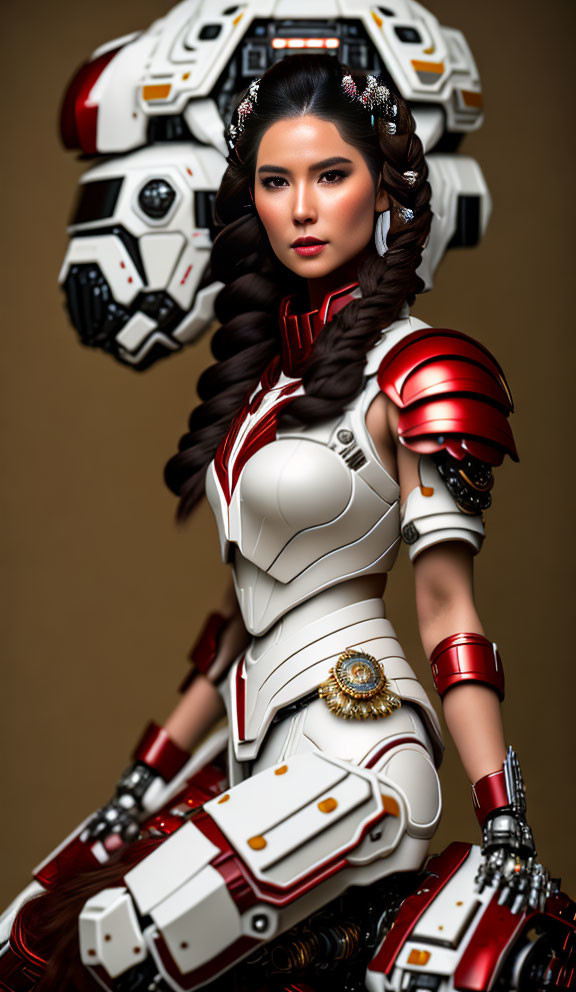 Braided hairstyle woman in red and white futuristic armor suit