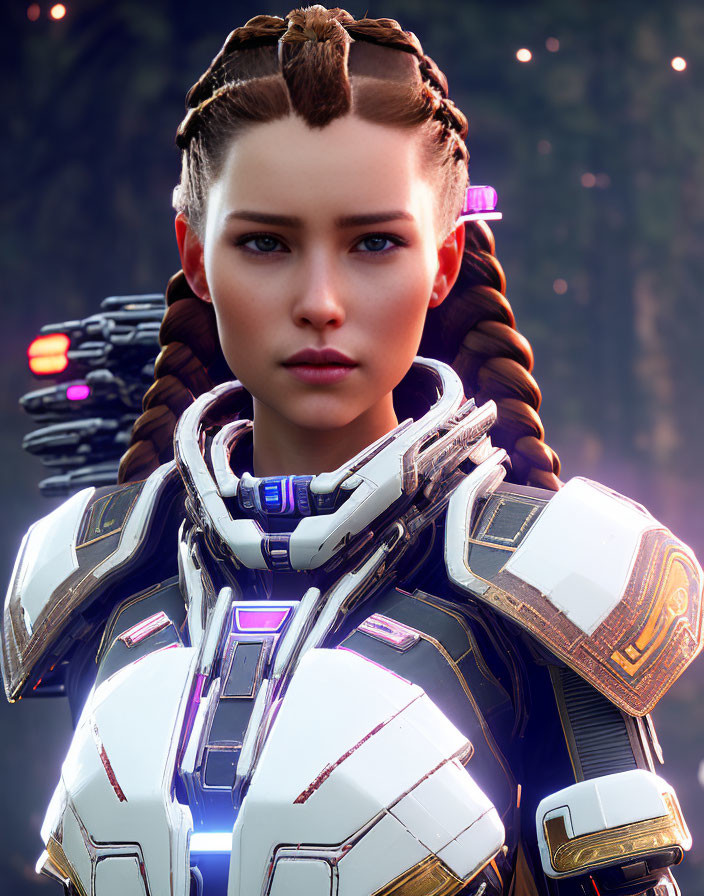 Close-up of woman in futuristic white and orange armor with braided hair.