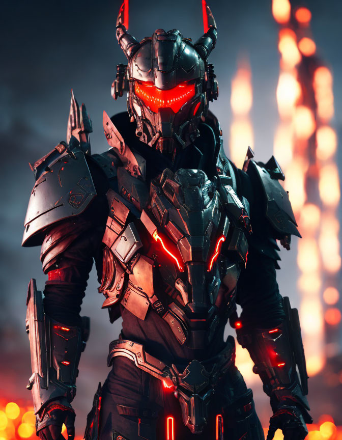Menacing armored figure with glowing red eyes in fiery explosion backdrop