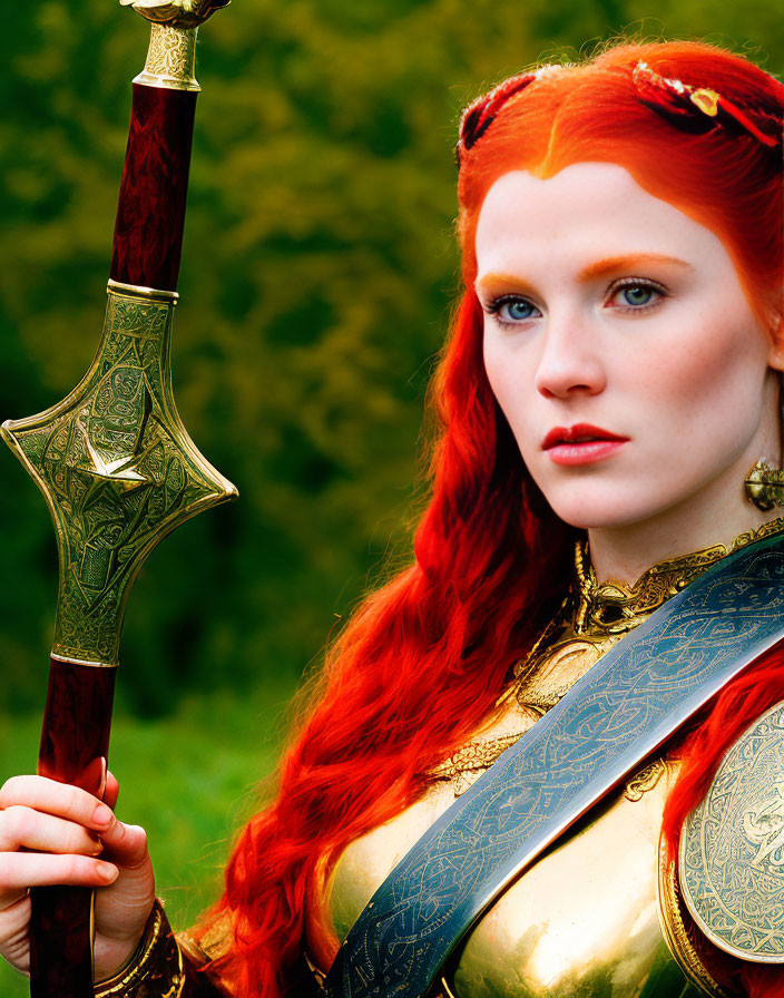 Vivid red-haired woman in fantasy costume with decorative sword against green foliage.