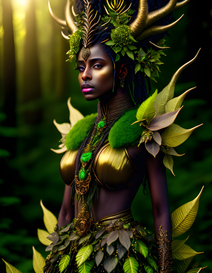 Woman in fantasy forest-themed costume with horns and golden armor against dark backdrop