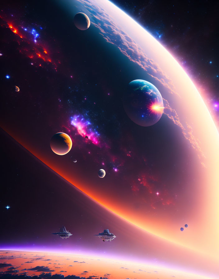 Multiple planets and moons in vibrant space scene with ships near glowing planet horizon