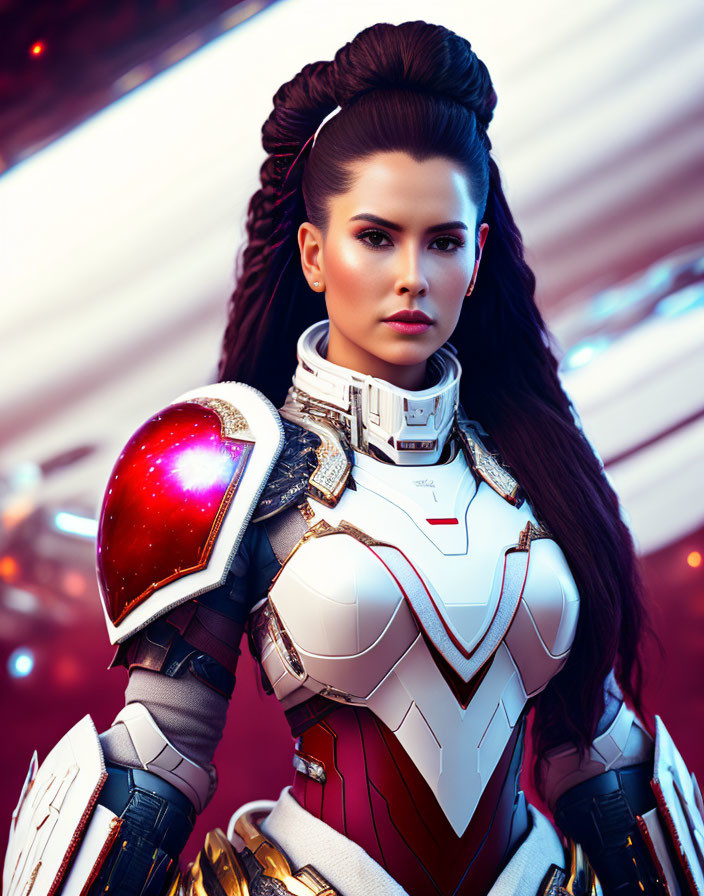 Futuristic digital artwork: Woman in white and gold armor with red accents on red-striped background
