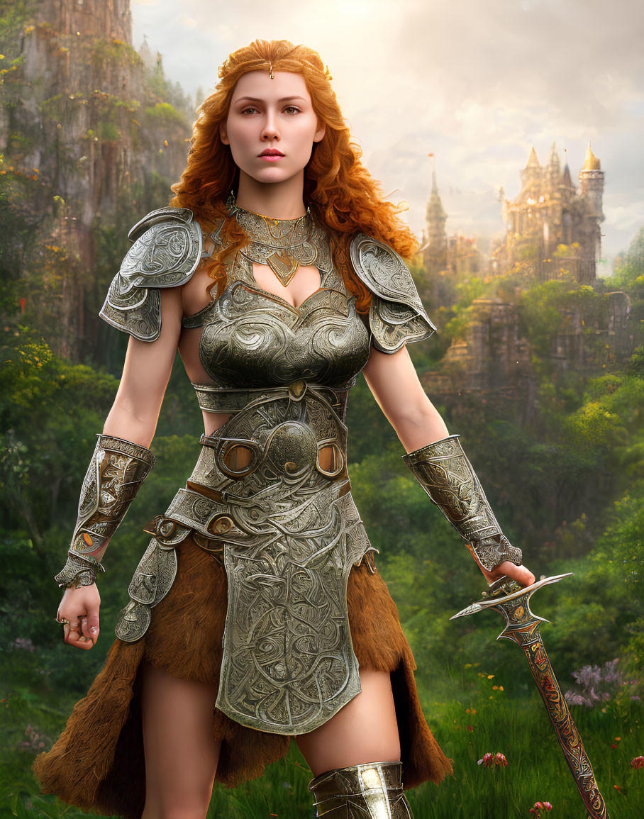 Red-haired warrior in armor stands in forest clearing with castle background.