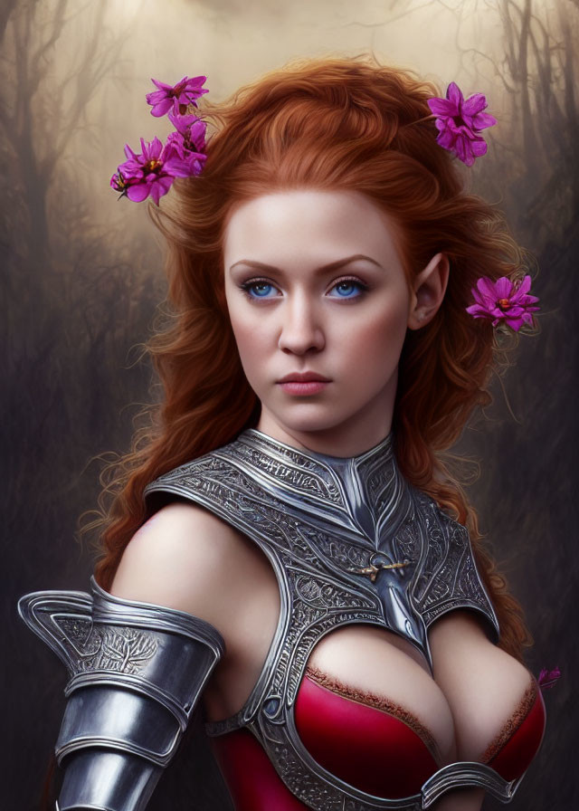 Digital portrait of woman with blue eyes, red hair, purple flowers, silver armor.