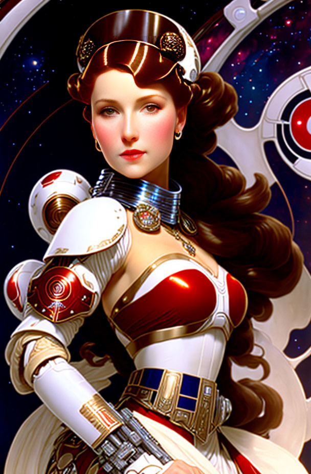 Detailed sci-fi themed woman illustration with spaceship portal in cosmic background