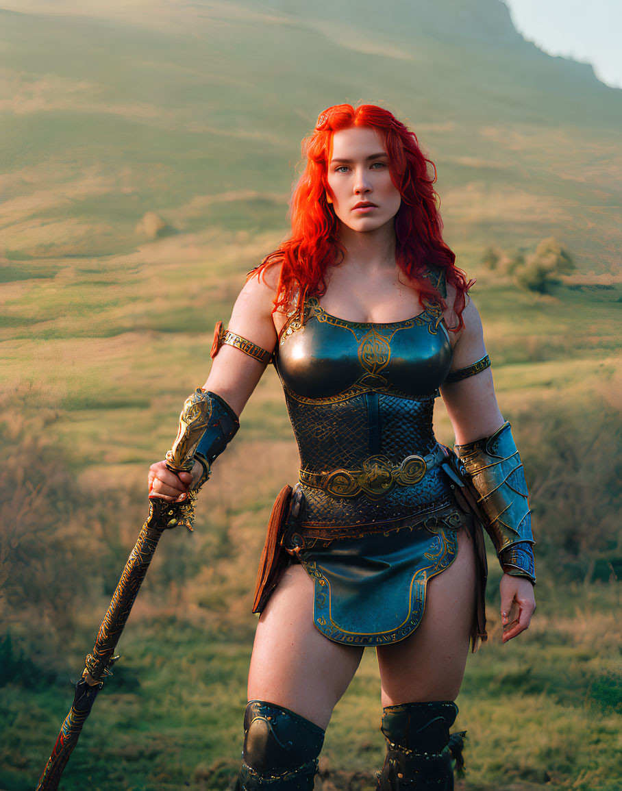 Red-haired person in fantasy armor with sword in serene landscape