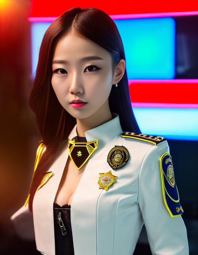Confident woman in police-style uniform with badges and epaulettes under neon lights