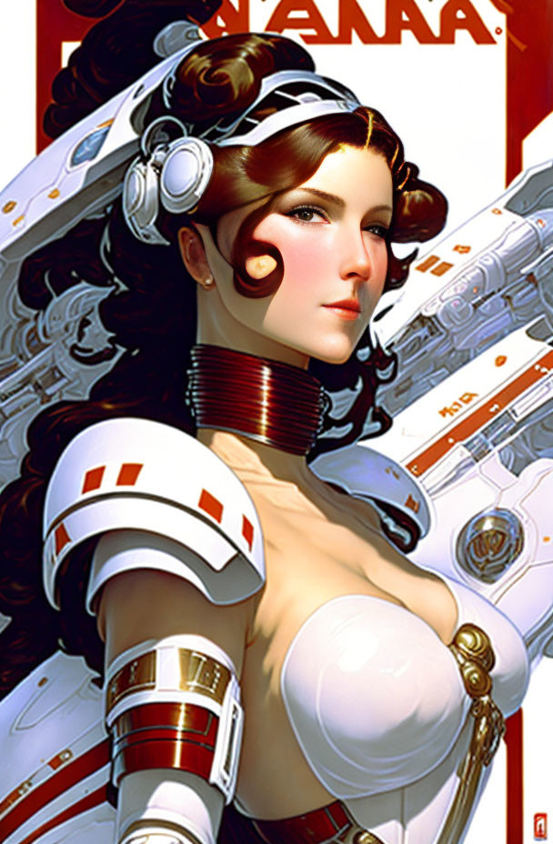 Futuristic digital artwork of woman in white and red suit with mechanical details
