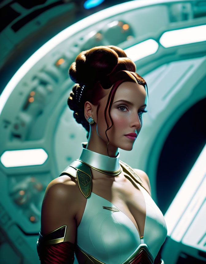 Futuristic woman in high-tech suit against sci-fi backdrop