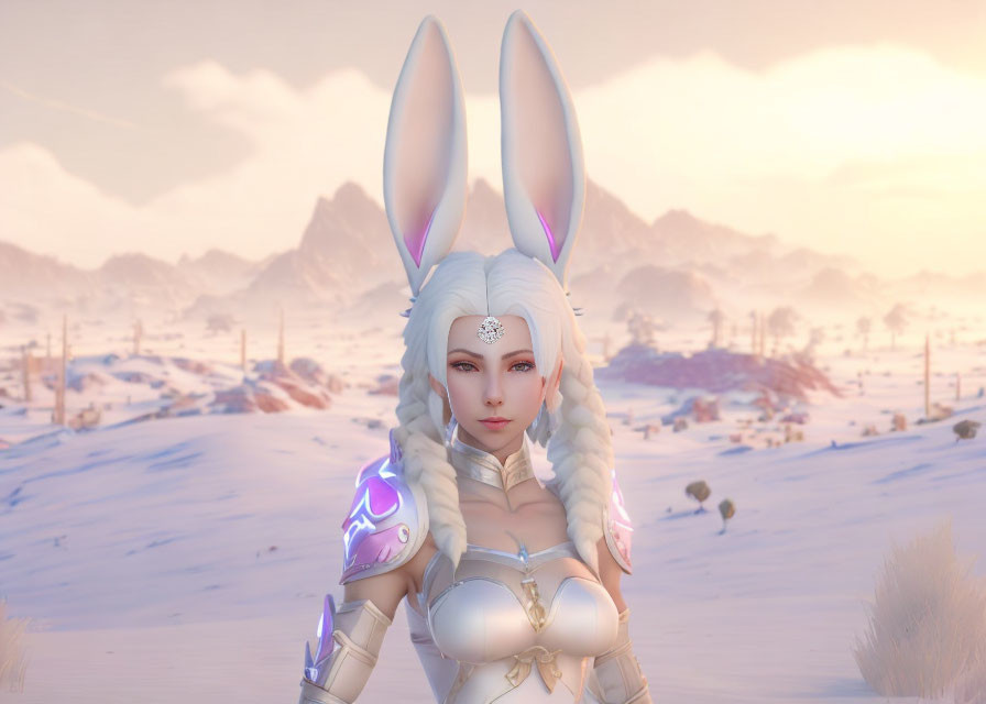 Fantasy character with white rabbit ears in ornate armor in snowy landscape