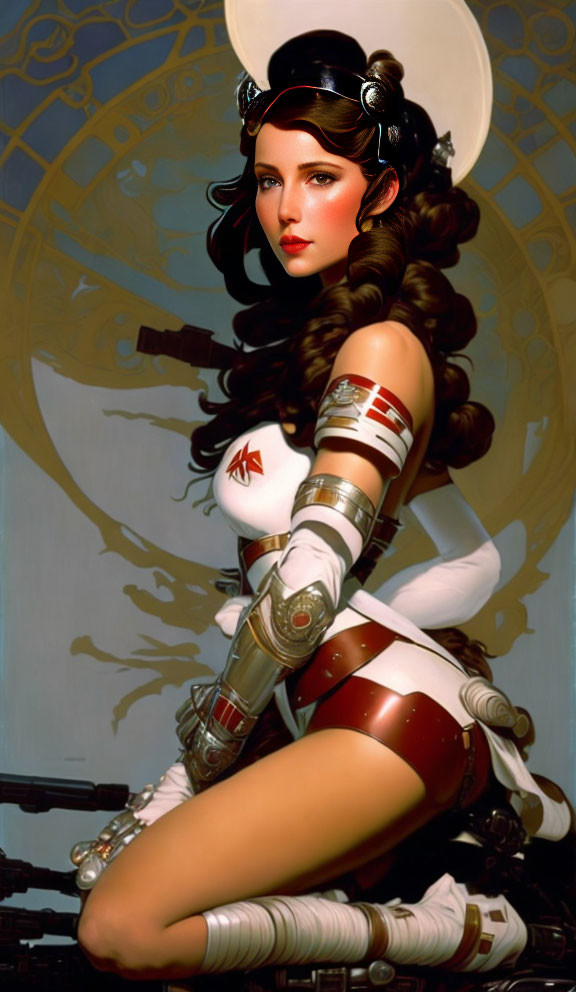 Sci-fi themed female character in metallic arm pieces and white hat against ornate circular backdrop