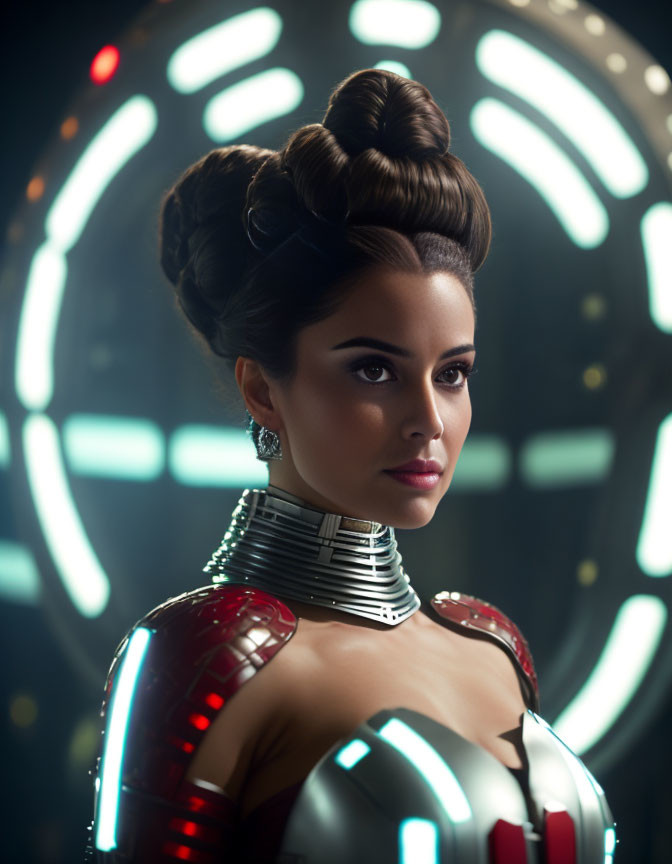 Elaborately styled hair and futuristic metallic armor on a woman in sci-fi setting