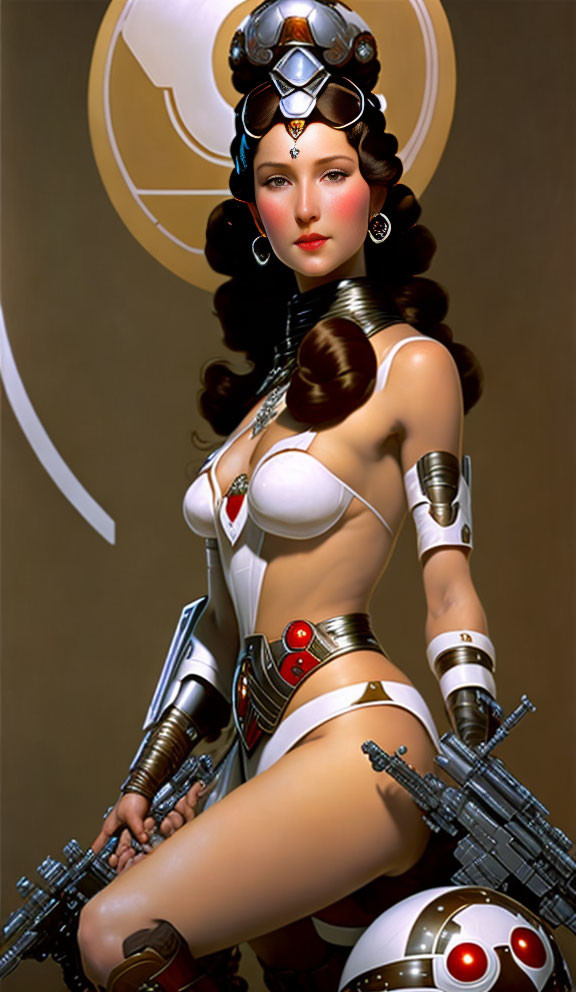 Futuristic female character in white and silver costume with weapons and jewelry on beige backdrop.