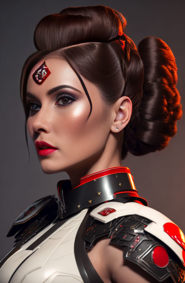 Elaborate Hairstyle & Futuristic White Red Armor on Woman