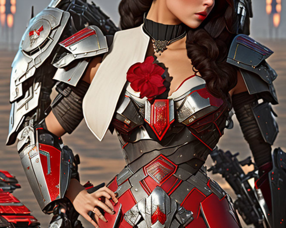 Futuristic woman in red and silver armor with mechanical arm and red flower accessory in sci-fi setting