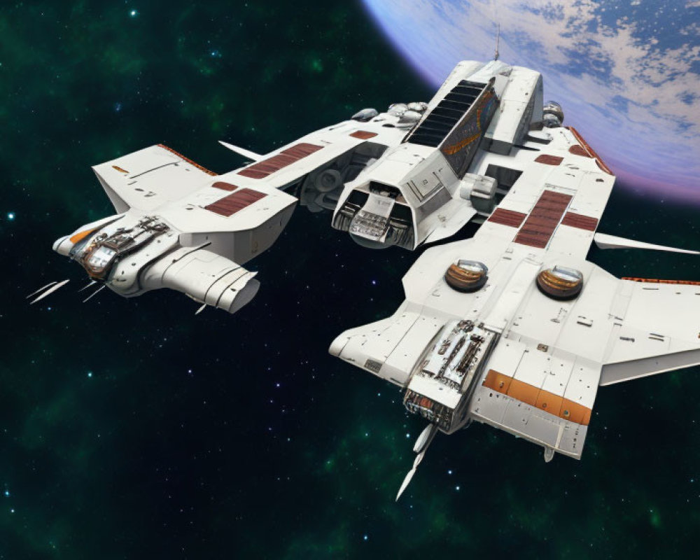 Futuristic spaceship model with white and orange accents near celestial body