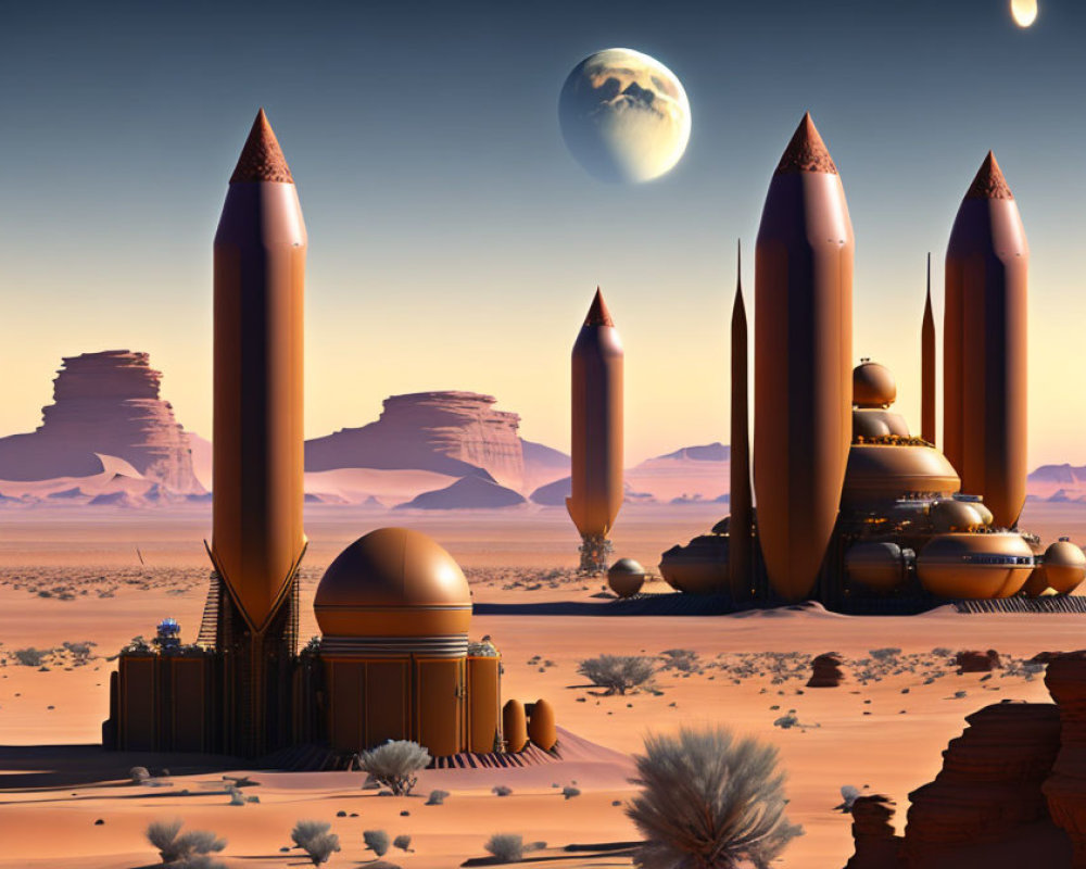 Sci-fi spaceport with rockets on desert planet under moonlit sky