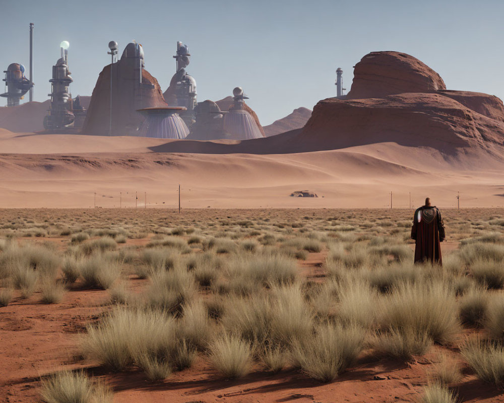 Solitary figure in cape in desert with futuristic industrial complex