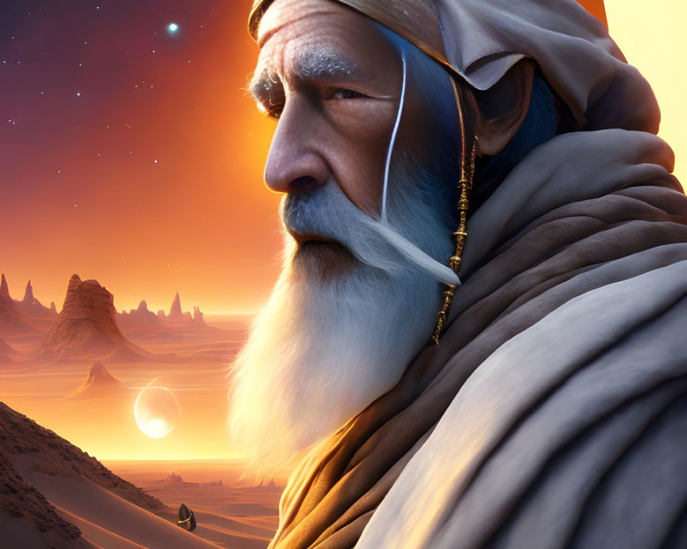 Elder in white turban gazes at desert with camels and crescent moon