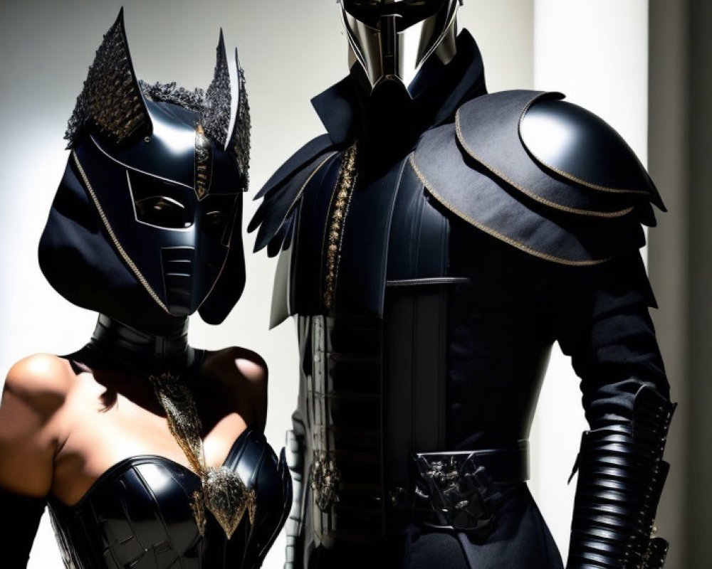 Futuristic black armor-clad individuals in close proximity.