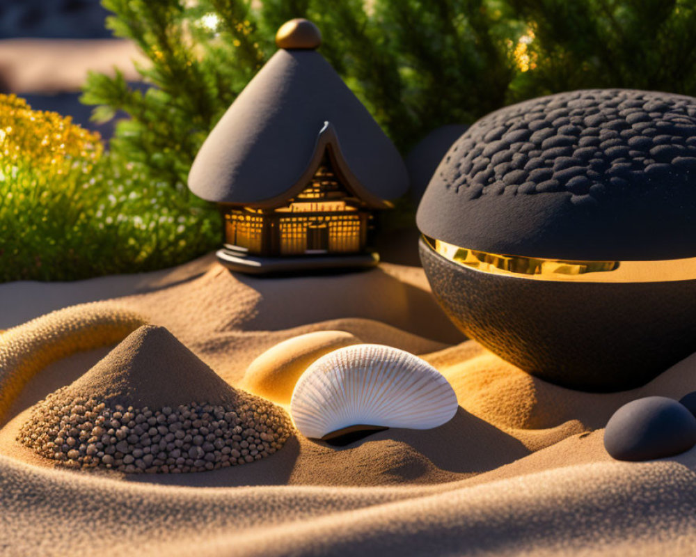 Tranquil Zen garden with pagoda, raked sand, textured spheres, seashell,